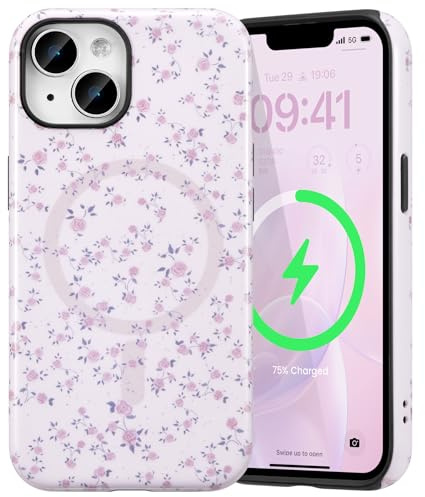 ZCDAYE Hülle für iPhone 15 Kompatibel mit MagSafe, Magnetisch Handyhülle Süße Frauen Handytasche, TPU Stabil Robust Schutzhülle Phone Case für iPhone 15 (6.1 inches), Lila Blumen