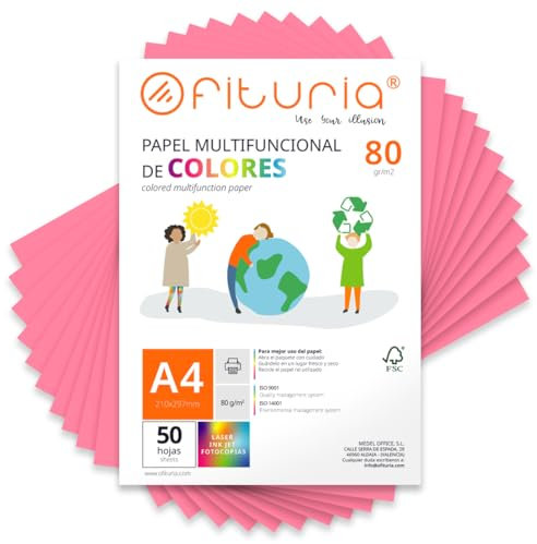 Feuilles de couleur, Pack 50 Feuilles A4 80gr – Papier couleur pour loisirs créatifs, imprimante, scrapbooking – Feuilles colorées – Idéal pour origami, pliage, bureau et école (Rose, 50h)