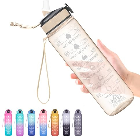 Hyeta Clear Water Bottle with Straw & Time Marker, Plastic 32oz Leakproof | Motivational Clear Tritan BPA Free Gym Office Outdoor Intake Tracker Hourly Reminder Straw Lid Carry Strap