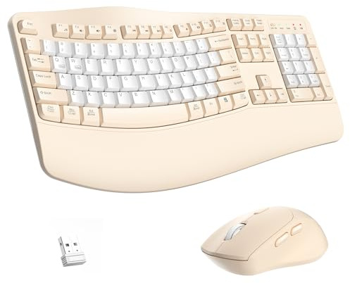 Tastiera e mouse wireless ergonomica, tastiera con tasti ondulati con poggiapolsi per una digitazione naturale, mouse silenzioso ergonomico regolabile a 3 DPI per computer/laptop/Windows/Mac (Latte