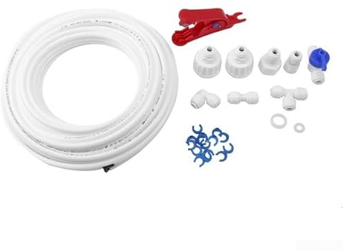Flexibles 1/4-Zoll-Wasserrohr-Armaturen-Set mit Ventil für RO-Filter und Kühlschrank, 4 mm x 6,3 mm Push-Connect-Schlauch, 20 m Länge, Weiß