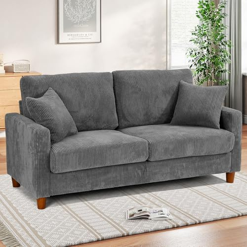 TOTEBOX Corduroy 2-Seater Sofa Loveseat Couch Grey, Modern 178cm Long Love Seat Sofas with Cushion Seat, 2 Pillows, Solid Wood Frame, for Living Room