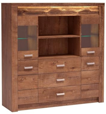 Masseno Kommode ZERI 137 cm Sideboard mit 3 Schubladen und 4 Türen für Wohnzimmer Schlafzimmer Modern 137x42x141,5 cm Braun