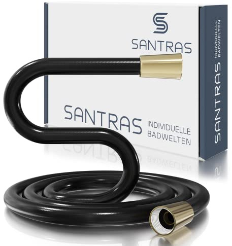 SANTRAS® Duschschlauch 1,25m aus Kunststoff in Schwarz (RAL 9005) und Gold inkl. Dichtungen - Brauseschlauch mit Verdrehschutz & Knickschutz - Standard Anschluss & Trinkwassergeprüft für Dusche