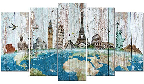 Welmeco Großes, 5-teiliges Wandbild mit Weltkarte auf rustikalem, grünem Holz strukturiertem Hintergrund, Premium-Reisekunstwerk für moderne Heimbüro-Dekoration, Geschenke (01 Reisekarte)