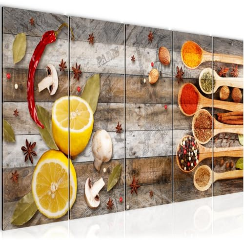 Runa Art Wandbild XXL Küche Gewürze Esszimmer Küchenbilder 200 x 80 cm Braun 5 Teilig - Made in Germany - 019655a