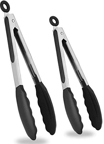 Kitchen Tongs, Set of 2, Black 9 and 12 Non-Slip Stainless Steel Tongs with Locking Clip for Cooking, BBQ, Serving, Heat Resistant, Food Grade