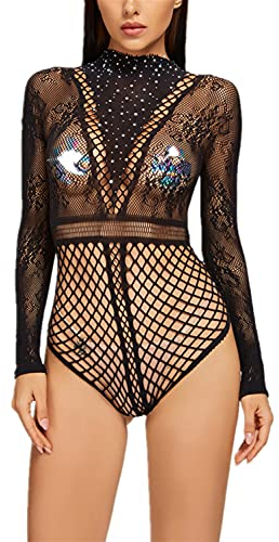 Bommi Fairy Damen Body Sexy Sheer Mesh Pailletten Langarm Bodysuit Bluse Tops Spitze Rundhals Oberteile Babydoll Lingerie Jumpsuit Bodysuit Einteilige Teddy (Schwarz)