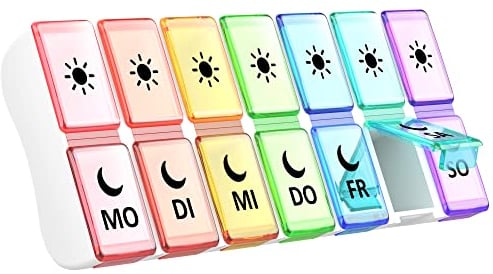 Tablettenbox 7 Tage 2 Fächer, Klein Pillendose Morgens Abends 14 Fächer Abnehmbar Pillenbox Medikamentendosierer (mehrfarbig)