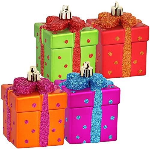 com-four® 4X Christbaumanhänger Geschenk - Weihnachtskugel Geschenkbox - Christbaumschmuck in Geschenk-Form für die Weihnachtsbaum-Dekoration - bruchfester Baumschmuck