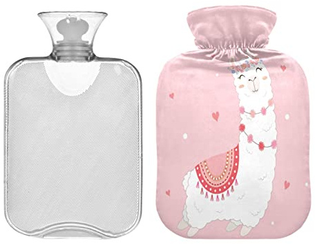 Niedliche Lama Rosa Wärmflasche mit Bezug, 1L Winter Warm Transparent Wärmflasche Tragbare Wärmflaschen für Menstruationskrämpfe, Nacken- und Schulterschmerzen Linderung
