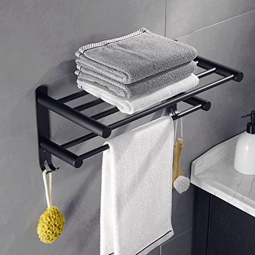 Black Towel Rail Towel Rack with 2 Towel Bars, Wall Mounted Towel Shelf with Hooks, Stainless Steel Towel Holder for Bathroom SHUNLI