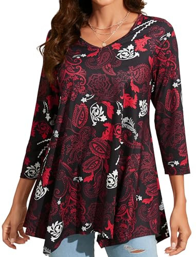 Enmain Camiseta Mujer Manga 3/4 Top Túnica Larga Cuello de Pico Blusa Elegante y Cómoda Talla Grande Tops Estampadas T Shirt para Mujeres,Rojo,3XL