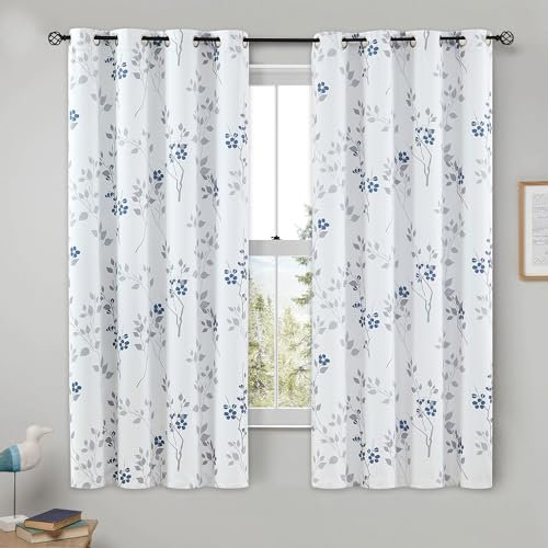 Beauoop Verdunkelungsvorhänge mit Blumenmuster, 100 % lang, 137 cm Länge, 2 Paneele für Schlafzimmer, Wohnzimmer, blau-grau und weiß, Blumenmuster, Raumverdunkelung, thermisch, schalldicht, Ösen,