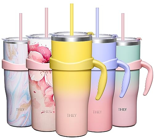 THILY 40 oz Insulated Tumbler with Handle - Stainless Steel Coffee Travel Mug with Lid and Straws, Keep Drinks Cold for 34 Hours or Hot for 12 Hours, BPA Free, Sunset