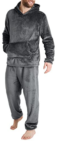 Duohropke Pigiama da uomo, invernale, in due pezzi, da uomo, in pile, caldo, pigiama, pantaloni e top a maniche lunghe, grigio scuro, XXXL