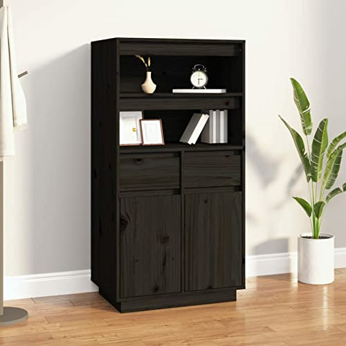 BaraSh Highboard Schwarz 60x40x116,5 cm Highboard Wohnzimmer Esszimmerschrank Wohnzimmer SchräNke Highboard Vintage Buffetschrank Massivholz Kiefer