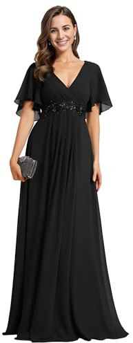 Ever-Pretty Robe de Témoin de Mariage Longue Appliqué Col V Manches Courtes Chic Noir 58