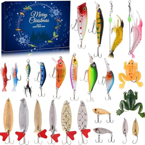 RuiDay 2023 Adventskalender Angeln Weihnachten Countdown,24 Tage Angelgerät Weihnachtskalender Angeln Köder Set,Fishing Deluxe Raubfisch Angler Adventskalender für Angler, Männer und Teenager