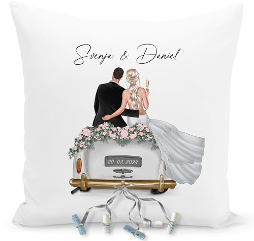 DEL MÀ Unique & Personal Hochzeitsgeschenk für Brautpaar Kissen personalisiert kreatives Hochzeit Geldgeschenk Verpackung mit Auto Dekokissen für Geld 40x40 cm inkl. Füllung und Bezug