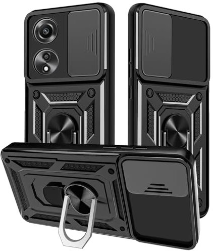 Yutwo Cover per OPPO A78 4G, Custodia Antiurto Scorrevole Protezione Fotocamera Custodia con 360°Rotante Anello Supporto TPU+PC - Nero