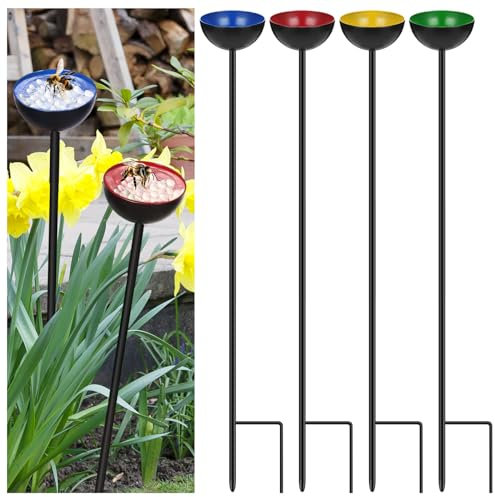 Lineshading 4-Pcs Butterfly Bee Watering Station with Catcher Cups - Small Insects Bee Feeders for Outside Feeding & Watering - Metal Garden Stakes & Sculpture Decor