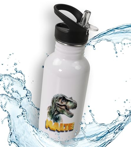 timalo® Trinkflasche für Kinder personalisiert mit Namen | auslaufsichere Edelstahl Sportflasche Kindergarten Schule Geschenk für Jungen und Mädchen 400mL | Dinosaurier