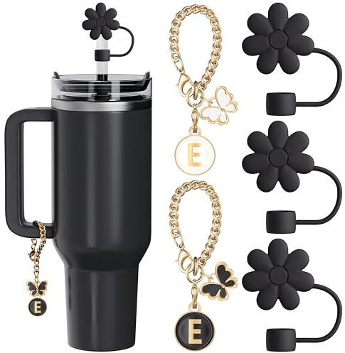 ANLABESY Compatible with Stanley Cup Accessories, 3 Black Straw Attachments for Stanley Cup Straw Cover Cap, 2 Cute Letter Charms for Stanley Cup with Handle (E)