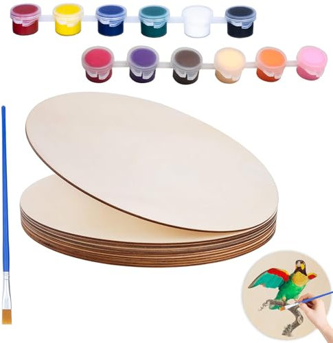 Lumeclat Set de 12 Discos de Madera Natural Redondos, Con 12 Pinturas y Rotuladores Planos, 10 de 15cm de Diámetro, Placas de Madera Sin Tratar, para Manualidades DIY, Pirograbado y Decoración