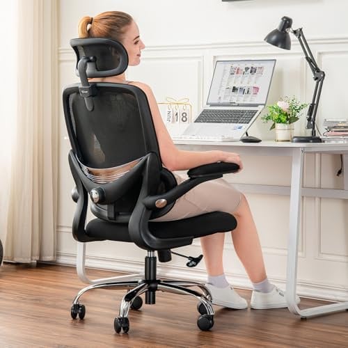 TONFARY Ergonomic Office Chair - High Back Mesh Design with Adjustable Lumbar Support, Flip-Up Armrests, Removable Headrest & 360° Swivel - Space-Saving for Home, Work, or Gaming - Black