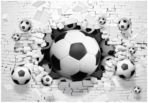 Fototapete Fußball 3D Effekt Wand Steine Ball Wanddurchbruch Sport 200x140 cm - inkl. Kleister - für Kinderzimmer Junge Jugendstil Vlies Tapete Wandtapete Vliestapete Motivtapeten
