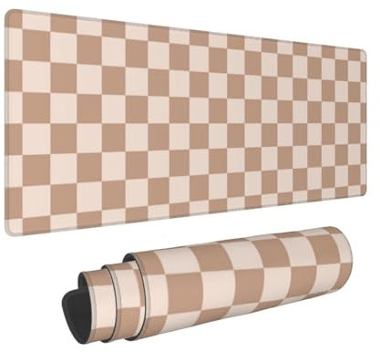TOXXU Checkered Large Gaming Mouse Pad for Girl with Anti-Slip Base, Checkerboard Extended XL Mousepad, Desk Mat with Stitched Edges for Desk, 31.5 x 11.8 in, Brown