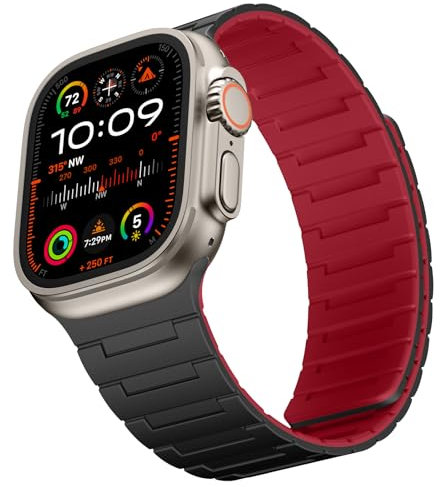Suphart Correas Compatible con Correa Apple Watch 49/46/45/44/42/41/40/38mm, Correa Potente Magnético Silicona para iWatch Ultra 2 SE Serie 10 9 8 7 6 5 4 (49/46/45/44/42, Negro-Rojo)