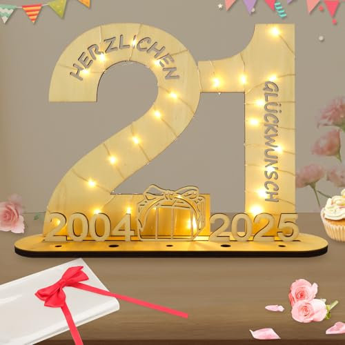 Seutgjie Deko 21 Geburtstag Mädchen Junge, Geldgeschenke Geburtstag 21 Originelle Holz Schild Gästebuch mit LED Lichterkette für Männer Frauen Jubiläum Tischdeko 2004-2025