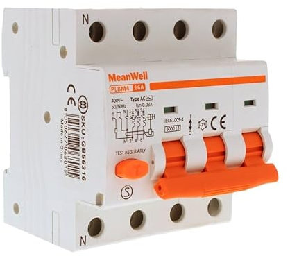 MeanWell Leitungsschutzschalter, dreiphasig, 380 V, RCBO 3P+N C16 16 A, Typ AC Kurve C 30 mA 6000 A, 4 Pole belegt 4 Module DIN-Schiene