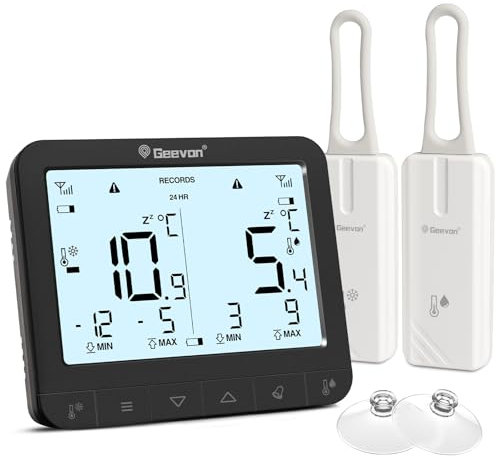 Geevon Kühlschrank Thermometer mit 2 Sensoren, Funk Digitales Gefrierschrank thermometer mit Max/Min Rekord Alarmierung Digital Termometeranzeige Innen Kühlschrank Alarm
