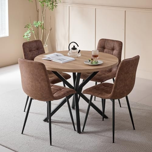 DEYARNA HOME Essgruppe 5-Teilig, 100cm Runder Esstisch und 4 Kunstleder Esszimmerstühle, Tisch und 4 Stühle für Küche, Wohnzimmer, Balkon, Restaurant, Büro (Helle Holzfarbe+Hellbraun)