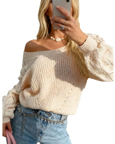 Maglione da donna girocollo a maniche lunghe traforato all'uncinetto casual leggero lavorato a maglia, Albicocca, S