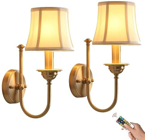 OEUBEQ Apliques de Pared a batería/Juego de 2 Luces de Pared a batería de latón con Control Remoto y Bombilla Recargable, lámpara de Pared Dorada Regulable inalámbrica/sin Cable, para