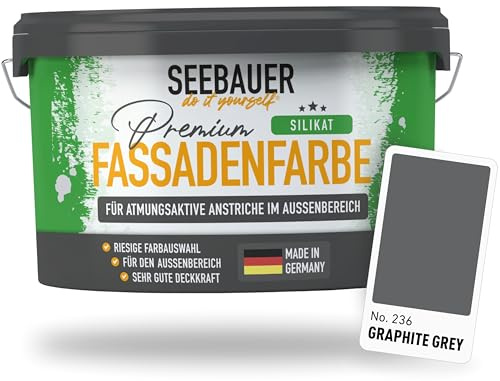 SEEBAUER diy Silikat-Fassadenfarbe Grau 10L für Außen (No. 236 Graphite Grey) Atmungsaktive Mineralfarbe für Fassaden - Geeignet für Putz, Mauerwerk und Beton