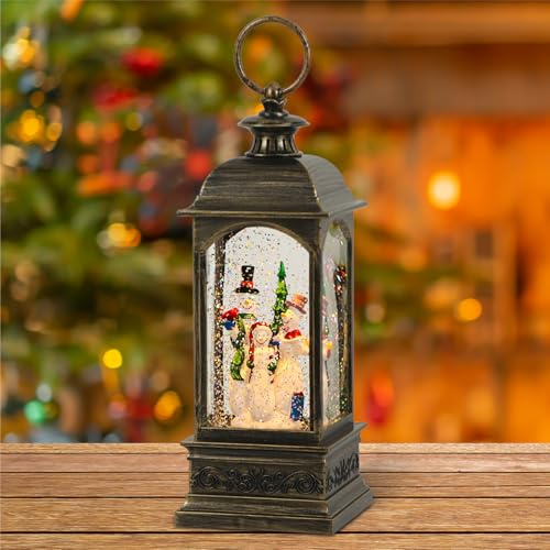 Eldnacele Schneekugel-Weihnachtslaterne mit Schneegestöber und Musik | Schneemannfamilie, antikbronzenes Gehäuse, Timerfunktion, wirbelnder Glitzer, USB- oder Batteriebetrieb, 28,5 cm hoch