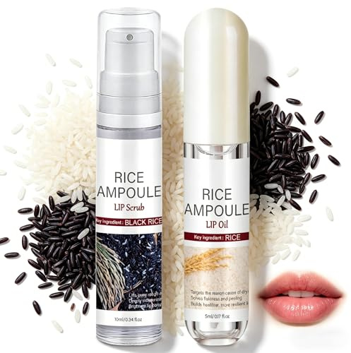 2PCS Lip Scrub Exfoliator and Lip Oil Set, Rice Ampoule Lip Care Set for Dry & Dark Skin, Hydrating Plumping to Reduce Lips Lines & Dead Skin,Natural Vegan Lips Care Gift Set, 10ml+5ml Duo