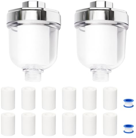 Sxutop 2 Pièces Filtre Douche Anti Calcaire 1/2 Filtre à Eau avec 12 Éléments Filtrants Interchangeables Filtres Eau Anti Calcaire pour Douche Robinet Filtration Efficace des Impuretés dans L'eau