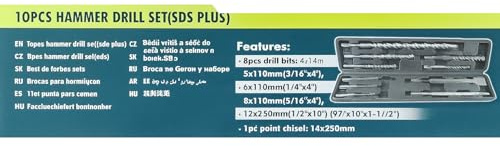 SDS Plus Bohrer-Set 10 Stück | Bohrer und Meißel für Beton, Mauerwerk und Stein, mit Hartschalenkoffer – Ø5 – 22 mm, kompatibel mit Drehhämmern