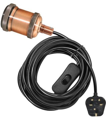 ZRLXFM Plug in Pendant Light Kit, Metal E27 Lamp Holder with Switch and 5M Black Round Power Cord, Detachable Spiral Ring, DIY Hanging Lighting Fitting