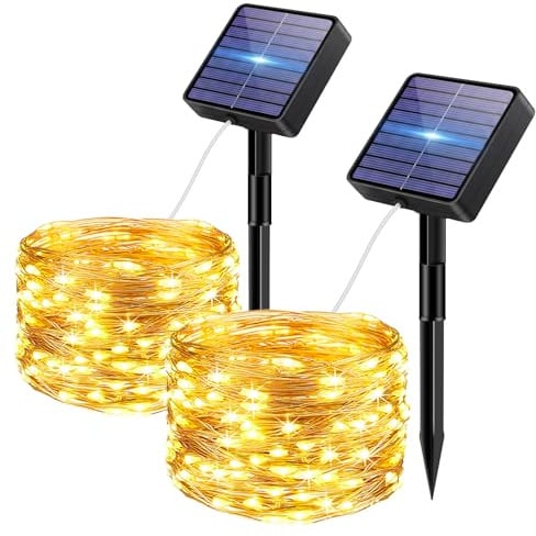 bitjam 2 Pezzi Luci Solari Esterno, 5+2 M 50 LED Catena Luminosa Esterno Solare IP65 Impermeabile, 8 Modalità Filo di Rame Lucine Energia Solare da Giardino Decor per Albero Gazebo Patio, Bianco Caldo