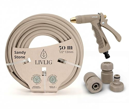 LIVLIG Gartenschlauch Set 50 m 1/2 Zoll – Wasserschlauch Garten knickfest & UV-beständig, inkl. Kunststoff Gartenspritze + Anschlüsse (Hahnanschluss G3/4, Wasserstop 1/2, Schnellkupplung) – Beige
