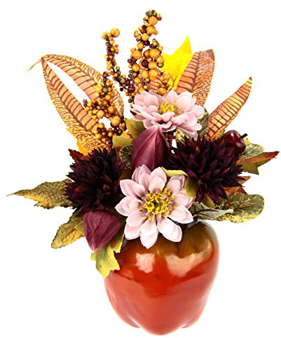 Gesteck aus Künstlichen Chrysanthemen im Apfeltopf Kunstblumen Arrangement Künstlich Deko Tischdeko Herbstdeko Sommergesteck Blumen Strauß Fensterbank Herbstliche Blumen