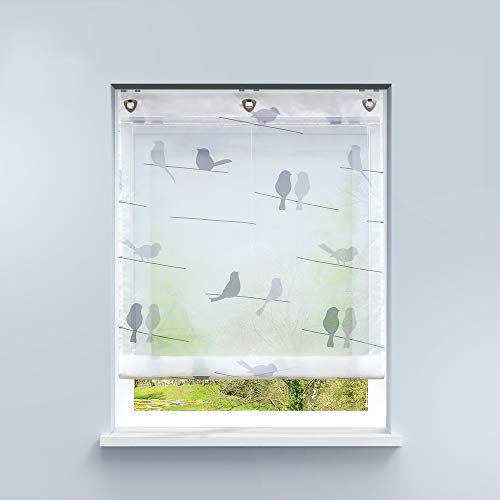 HongYa Raffrollo ohne Bohren Voile Ösenrollo Transparente Raffgardine mit Hakenaufhängung Küche Vorhang Kleinfenster H/B 140/100 cm Vogel Muster