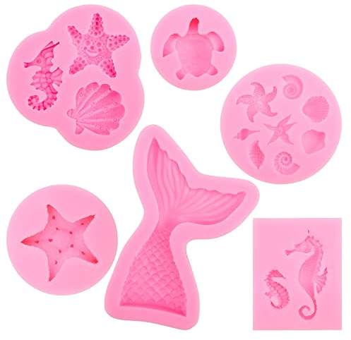 HOWAF 6pcs Marina Animales Moldes Silicona Bricolaje Manualidades para Reposteria Fondant Caramelos Tartas Helados Bizcochos Jabones Magdalenas Macarons, Seguro en Microondas
